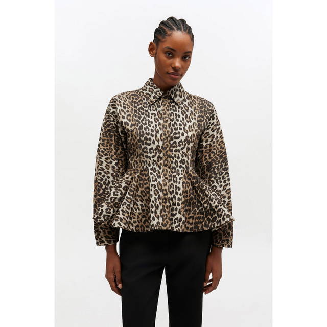 Ganni Printed Flock Denim Peplum Blouse