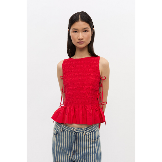 Ganni Popeline-Smock-Stringtop mit Bindeband