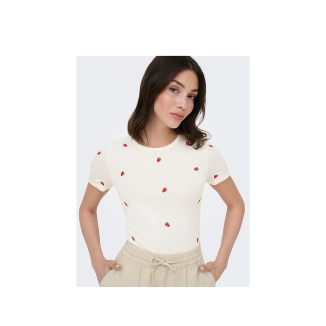 Hvid t-shirt med strawberry broderier - closeup