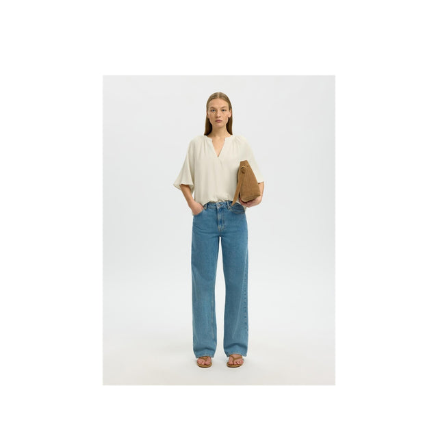 Selected Women Viva 2/4 V-Neck Linen Blend Top