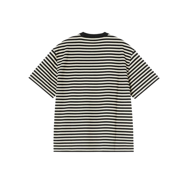 Carhartt-stribet-trøje-i-sort-og-voks-sort-krave-ses-bagfra