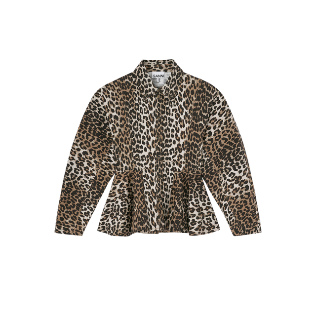 Ganni Printed Flock Denim Peplum Blouse