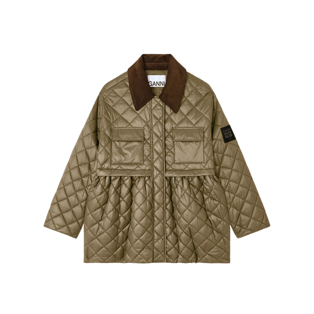 Ganni Shiny Quilt Midi Jacket Kalamata